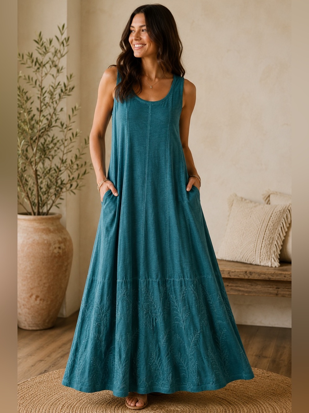 Soft Surroundings Embroidered Cotton Swing Dress | Teal | Size L